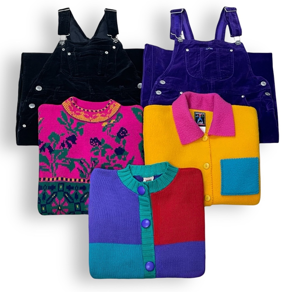 Vtg 90s Girls 5PC Bundle American Girl Fleece Velvet Overalls Colorblock Sweater